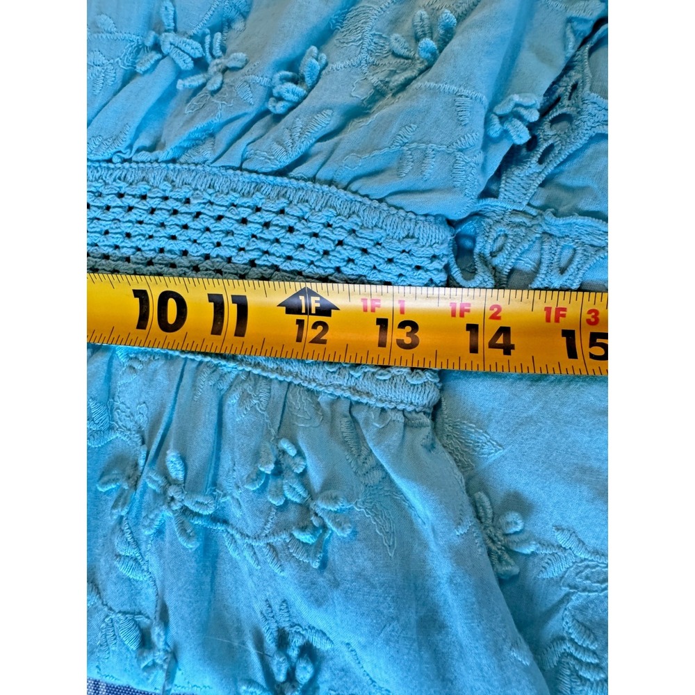 Boston Proper Embroidered Crochet Babydoll Dress XS Blue Boho Bishop Sleeve - Picture 11 of 12